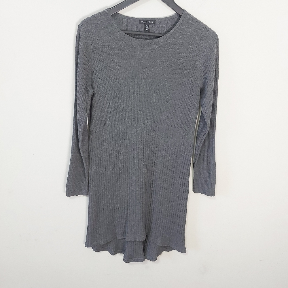 Eileen Fisher Gray Ribbed Sweater Dress Small Cozy Stretch Knit Tunic Pullover